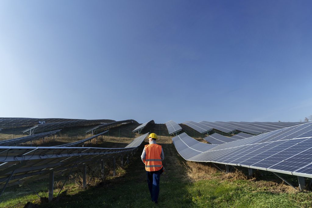 Person walking though a field of solar energy sources