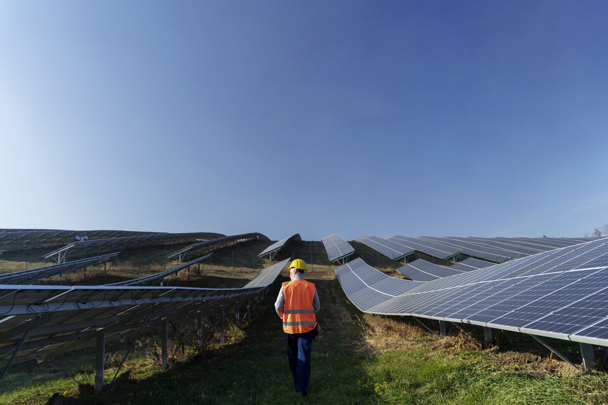 Person walking though a field of solar energy sources